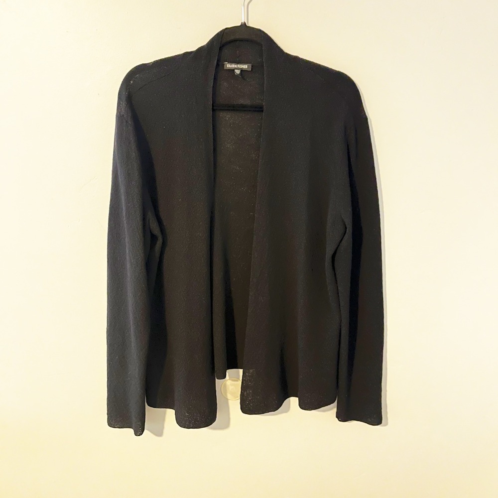 Eileen fisher wool stretchy knit black open cardigan large see description
